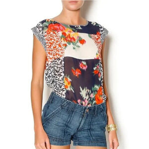 Joie Women's 100% Silk Bohan Floral Patchwork Top Blouse Blue Orange Size Small